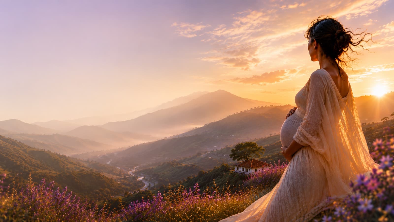 Gestante contemplando el atardecer sobre las montañas de Colombia